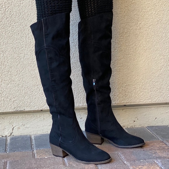 Black Western Style Over The Knee Low Heel Boots - Picture 6 of 12